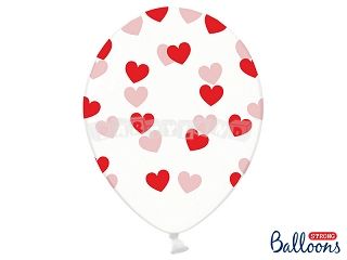 Balón 30 cm, červené srdcia, kryštálový